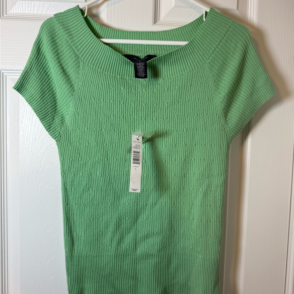 Jones Wear Green Short Sleeve Sweater Top L NWT Cable Knit Pullover